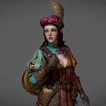 A Woman in Fantasy Style Colorful Outfit with Feathered Hat Backpack and Tight Pants