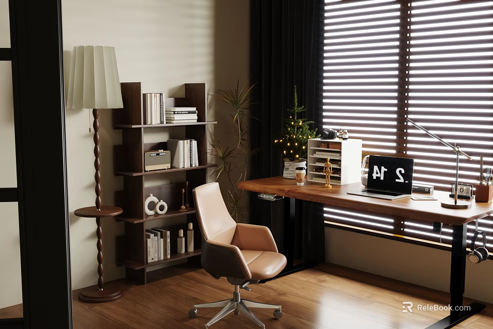 Modern Study Room Interior With Bookshelf Leather Chair And Wooden Desk 3d model 