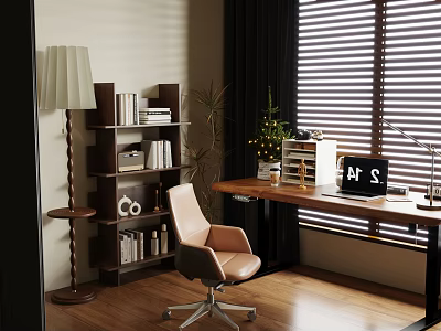 Modern Study Room Interior With Bookshelf Leather Chair And Wooden Desk 3d model