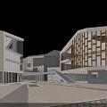 Modern Office Building Complex With White Exterior Wooden Elements And Glass Windows