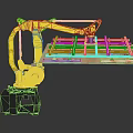 Yellow Robotic Arm Lifting Wooden Grid Pallet With Furniture Manufacturing Components