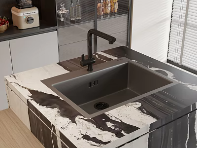 Modern Kitchen Sink With Black Faucet On Black And White Marble Countertop 3d model