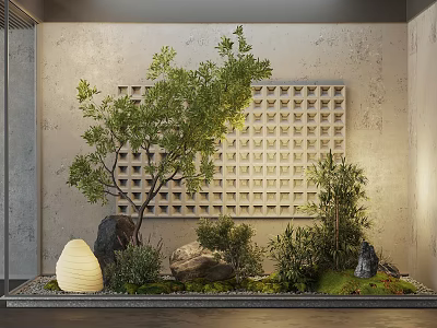 Modern Garden Nook Featuring Trees Shrubs Bamboo Rocks And Lantern Ornament With Grid Wall Background 3d model