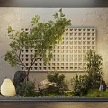 Modern Garden Nook Featuring Trees Shrubs Bamboo Rocks And Lantern Ornament With Grid Wall Background