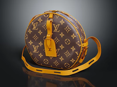 Round Stylish Bag With Classic Monogram Pattern And Yellow Leather Strap Design 3d model