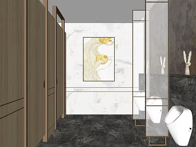 Modern Public Restroom Interior With Wooden Stalls Marble Walls And Decorative Art 3d model
