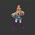 Anime Game Character With Blue Long Hair Bun Hairstyle Combat Pose Holding Pink Green Ball
