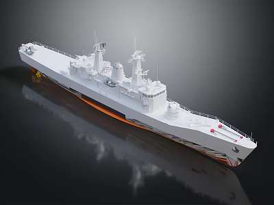 Elegant White Warship Model with Deck Antennas and Orange Stripes on Reflective Surface 3d model
