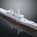 Elegant White Warship Model with Deck Antennas and Orange Stripes on Reflective Surface 3d model