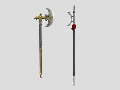 Traditional Long Handled Bladed Weapons Featuring Crescent Blade Spear Head Gold Decor And Red Tassel 3d model