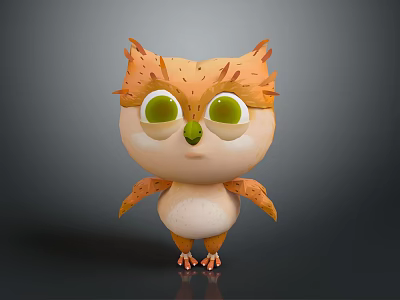 Cute Cartoon Owl with Big Green Eyes and Orange White Feathers Standing Pose 3D Character Design 3d model