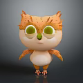 Cute Cartoon Owl with Big Green Eyes and Orange White Feathers Standing Pose 3D Character Design