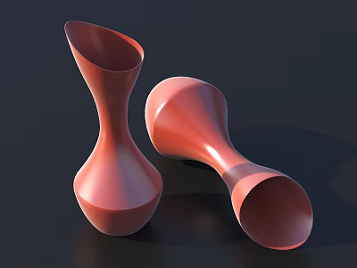Smooth Ceramic Red Vases Modern Design Standing And Reclining On Dark Background 3d model