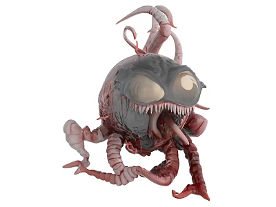 Monstrous Creature With Large Eyes Sharp Teeth And Tentacles Gray Red Body And Creepy Appendages 3d model