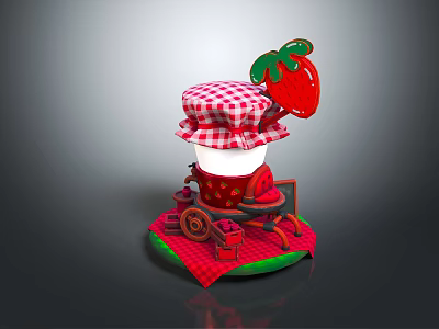 Strawberry Themed Decorative Item With Checkered Cloth Cover And Wheeled Base 3d model