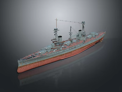 Vintage Battleship 3D Model With Turrets Masts And Crane On Water Surface 3d model
