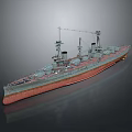 Vintage Battleship 3D Model With Turrets Masts And Crane On Water Surface
