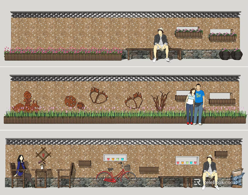 Rustic Garden Wall Design With Flower Beds Seating Areas And Decorative Elements 3d model