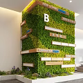 Indoor Green Wall Landscape With Wooden Shelves And Cooperation Center Signs