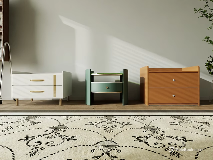 Stylish Bedside Tables In Room With Sunlight Shadows White Green Brown Drawers And Carpet 3d model 