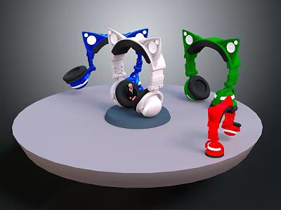 Colorful Electronic Headphones in Blue White Green with Black Earcups on Round Display Stand 3d model