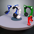 Colorful Electronic Headphones in Blue White Green with Black Earcups on Round Display Stand