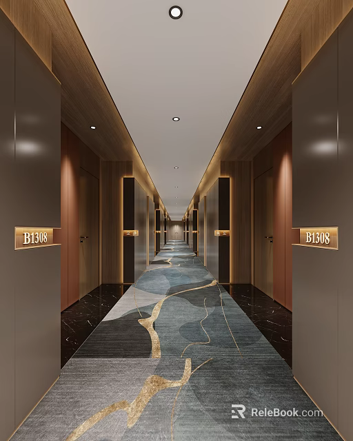Luxurious Hotel Corridor with Patterned Carpet Elevator Doors Room Number Signs and Ceiling Lights 3d model