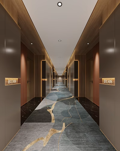 Luxurious Hotel Corridor with Patterned Carpet Elevator Doors Room Number Signs and Ceiling Lights 3d model