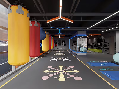 Modern Fitness Gym Interior With Colorful Punching Bags And Exercise Floor Markers 3d model