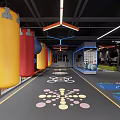 Modern Fitness Gym Interior With Colorful Punching Bags And Exercise Floor Markers