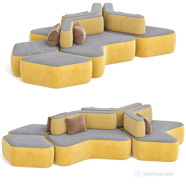 Stylish Yellow and Gray Irregular Shaped Sofa with Soft Cushions and Unique Design 3d model 