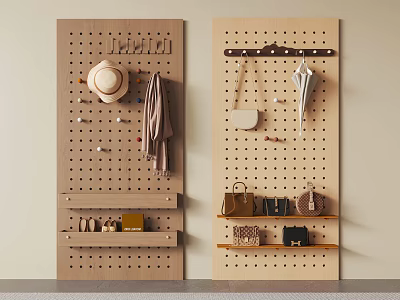 Wooden Pegboard Shelf with Hanging Hats Scarves Bags and Umbrellas for Accessory Storage 3d model