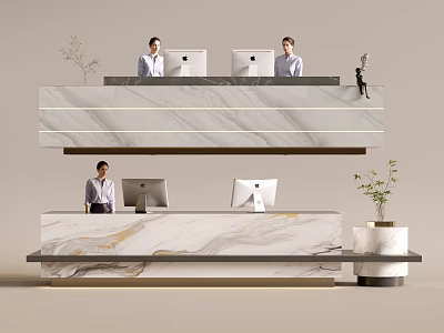 Elegant Modern Reception Desk Area With Marble Counter Staff Computers And Plants 3d model