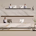 Elegant Modern Reception Desk Area With Marble Counter Staff Computers And Plants