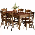 Traditional Wooden Dining Table Set With Six Chairs And Floral Centerpiece