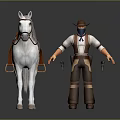 3D Cowboy Character Standing With White Horse And Brown Saddle