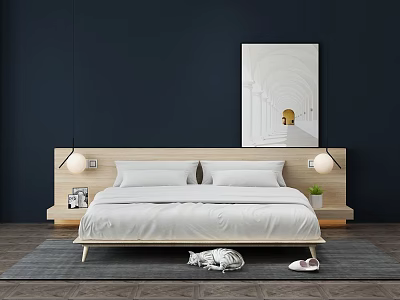 Modern Double Bedroom Interior with Wooden Headboard Wall Lamps White Bedding Above Painting and Rug 3d model