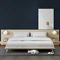 Modern Double Bedroom Interior with Wooden Headboard Wall Lamps White Bedding Above Painting and Rug