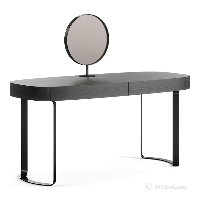 Modern Black Dressing Table With Round Mirror And Metal Legs Drawers 3d model 