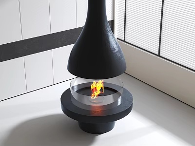 Modern Black Fireplace with Glass Panel and Flames in Bright Interior Space with Window Blinds 3d model
