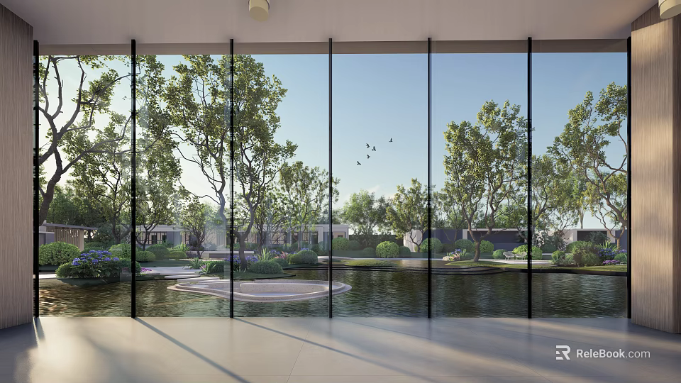 Garden Landscape View Through Glass Walls With Trees Pond And Flying Birds 3d model 