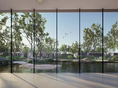 Garden Landscape View Through Glass Walls With Trees Pond And Flying Birds 3d model