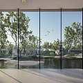 Garden Landscape View Through Glass Walls With Trees Pond And Flying Birds