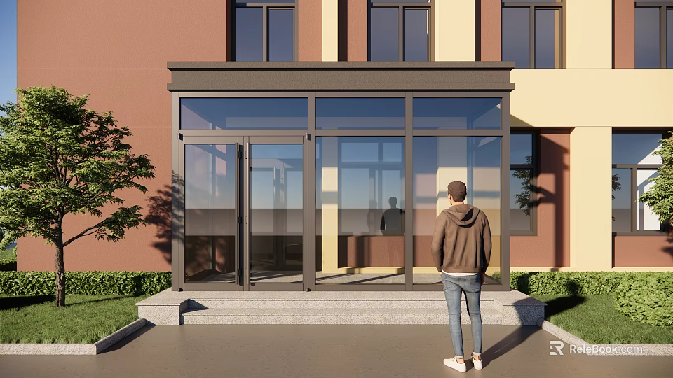 Framed Glass Porch Entrance Structure With Transparent Panels Steps And House Front Greenery 3d model 