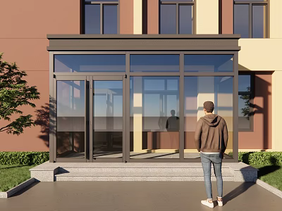 Framed Glass Porch Entrance Structure With Transparent Panels Steps And House Front Greenery 3d model