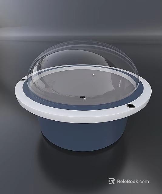 Tech Exhibition Hall Featuring Transparent Dome Display Device With Blue And White Base Platform 3d model