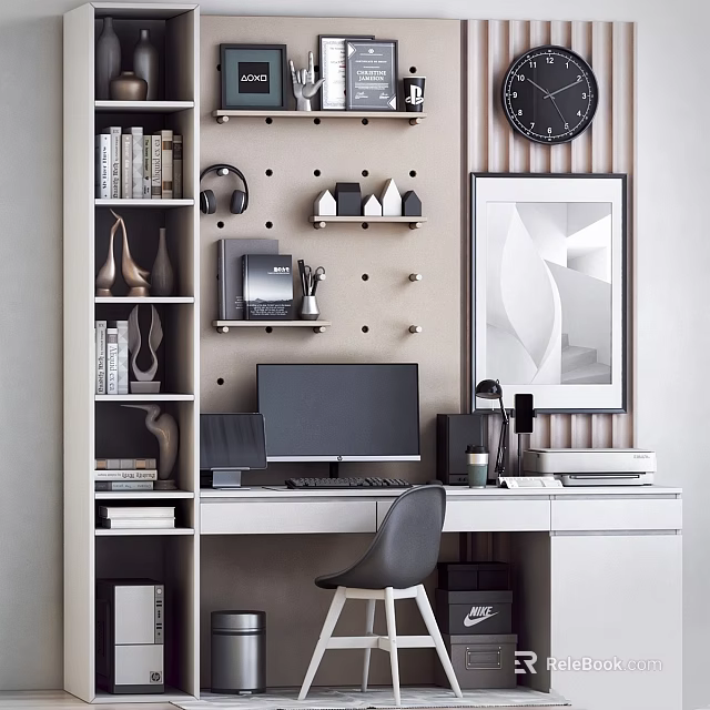 Modern Desk And Chair Set With Computer Monitor Wall Shelves Clock And Decorative Painting 3d model 