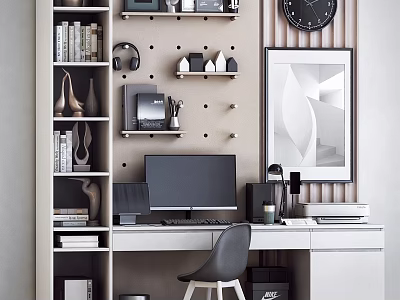 Modern Desk And Chair Set With Computer Monitor Wall Shelves Clock And Decorative Painting 3d model