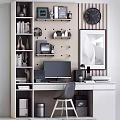 Modern Desk And Chair Set With Computer Monitor Wall Shelves Clock And Decorative Painting