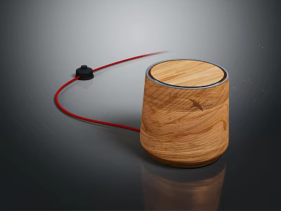 Minimalist Wooden Oak Cylindrical Floor Lamp With Red Cable And Black Plug 3d model